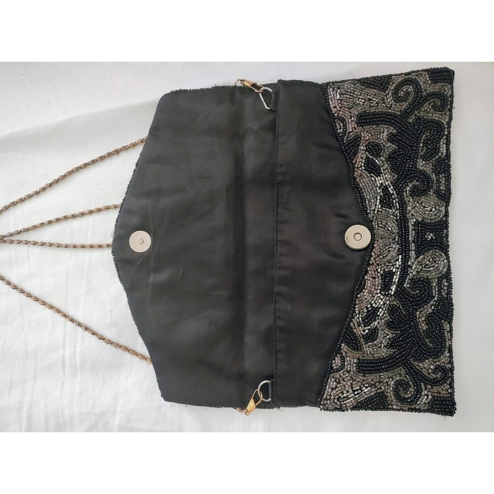 Black & Silver Hand Beaded Evening Clutch Bag Chain Strap Vintage Style - Picture 6 of 9